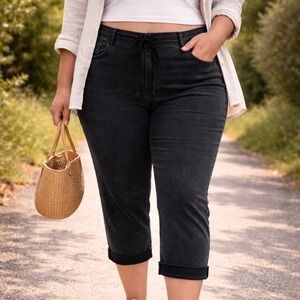 No Boundaries  Mid Rise Black Wash‎ Cropped Jeans Drawstring Waist Size XL 15 17